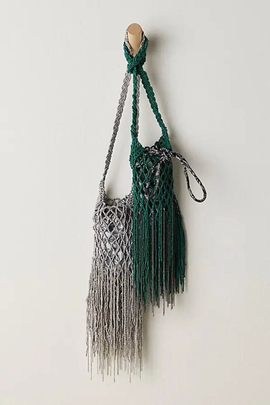 Free People Hayes Beaded Macramé Net Fringe Shoulder Bag (One Size)